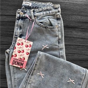 Light Blue Straight Leg Jeans with Pink Accents